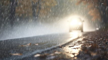 car on the highway, autumn wet road, danger of an accident in rainy weather slippery asphalt, fog po