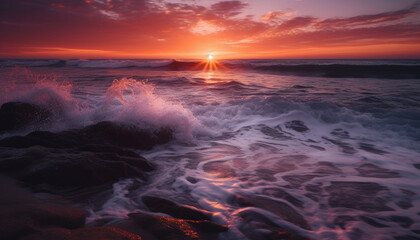 Wall Mural - Tranquil scene sunset over water, waves breaking on rocks generated by AI