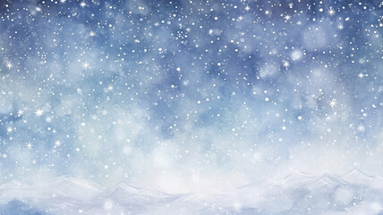 abstract watercolor background snowfall, christmas view blurred blizzard light blue snowflakes on a white city background