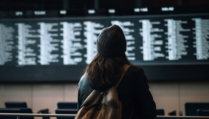 Sticker - Young woman waiting, luggage in tow, for boarding adventure generated by AI