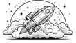 black and white sketch illustration mock-up of a space rocket starting, coloring book for a children's book, thin black outline image
