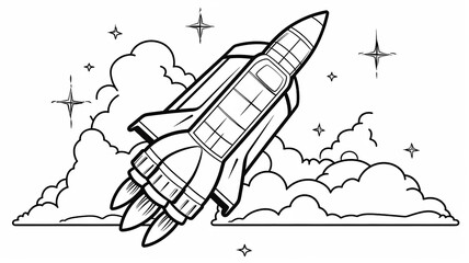 black and white sketch illustration mock-up of a space rocket starting, coloring book for a children's book, thin black outline image