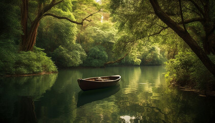 Poster - Tranquil scene of canoeing on foggy pond in wilderness area generated by AI