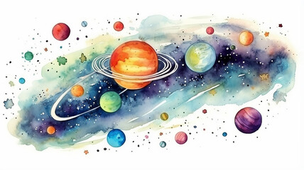 planets in space on a white background, watercolor drawing for children primitive minimalistic poster illustration