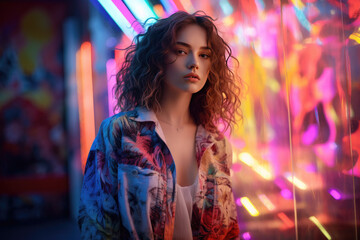 Sticker - portrait of woman in neon with rainbow lights and purple wall behind her