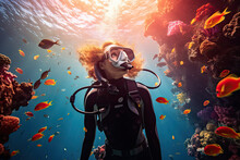Scuba Diver Woman Swimming In The Under Water Sea
