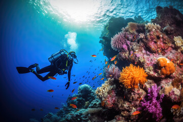 Wall Mural - Scuba diver woman swimming in the under water sea