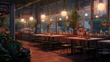 Cozy Restaurant Or Cafe, Perfect For Streaming. Smooth Time-lapse Looping Virtual 4k Video Animation Background, Anime Or Cartoon Style. Generated With AI
