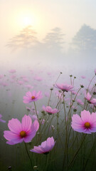 Wall Mural - vertical background delicate pink flowers, wild field daisies in the morning mist, spring landscape view