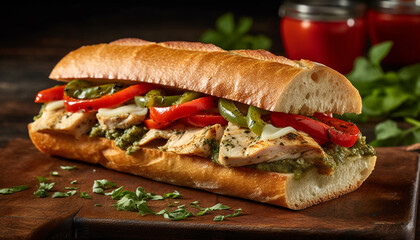 Wall Mural - Grilled beef sandwich on ciabatta with fresh vegetables and tomato generated by AI