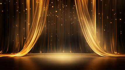 golden round podium with light clouds, a stage for a new product with an empty copy space