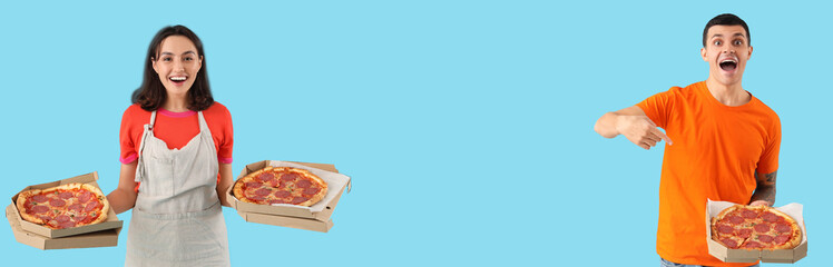 Wall Mural - Happy young people with tasty pepperoni pizzas on light blue background. Banner for design