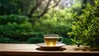 a cup of herbal tea placed on a table against a backdrop of soothing nature