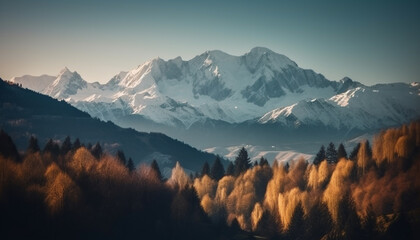 Wall Mural - Tranquil scene of majestic mountain range in panoramic beauty generated by AI