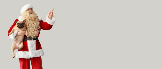 Poster - Santa Claus holding cute French bulldog and pointing at something on grey background with space for text