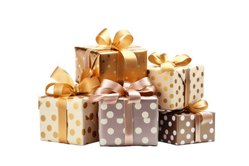 a group of christmas gifts piled, pois sliver, bronze and gold isolated on white background PNG