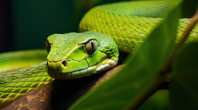 Green Snake On A Branch, Close-up Of Green Tree Snake Between Leaves