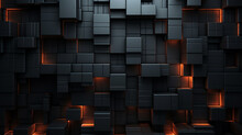 Dark Squares And Neon Light Glow Abstract Background. Realistic Wall Of Cubes. Black Square Pattern Background Grunge Surface. Black Color Abstract Modern Luxury Square 3d Background. Geometric Shape.