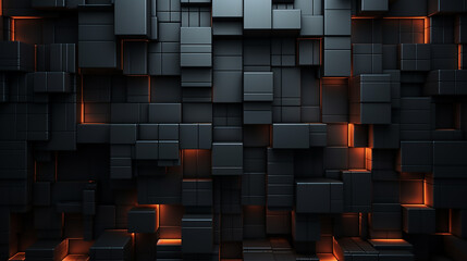 Dark squares and neon light glow abstract background. Realistic wall of cubes. black square pattern background grunge surface. Black color abstract modern luxury square 3d background. Geometric shape.