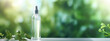 © lelechka - Mockup of cosmetic packaging. Spray bottle with Cosmetic at green nature background. Minimalist and authentic style.
