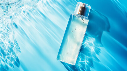 Wall Mural - Spray glass bottle with Cosmetic on blue water with splash effect, minimalist and authentic style