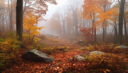 Sticker - Vibrant autumn foliage falls in a mysterious forest landscape scene generated by AI