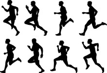 Running Men, Runner Silhouette Set Of Sprinters, Runners And Joggers Running Track Or Jogging. Male Athletes Racing In High HD Resolution. Race Competition Poster, Banner, Flyer Or Sticker Idea.