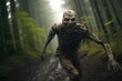 Zombie, Disfigured humanoid creature running towards you very fast in forest.