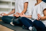 Fototapeta  - A mother and daughter enjoy leisure time by meditating and doing yoga in their living room. Their togetherness and concentration create a peaceful family moment filled with vitality and joy.