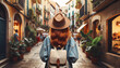 Tourist woman with hat and backpack explores European street, embodying wanderlust. Back view captures her enjoying the charm of cobblestone streets and quaint storefronts on a summer vacation