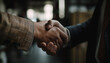 Successful businessmen shaking hands in corporate office, sealing agreement generated by AI