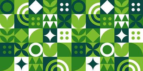 Green geometric mosaic seamless pattern illustration with nature abstract shapes. Fresh organic concept background print. Eco friendly minimalist shape texture, geometry collage.	

