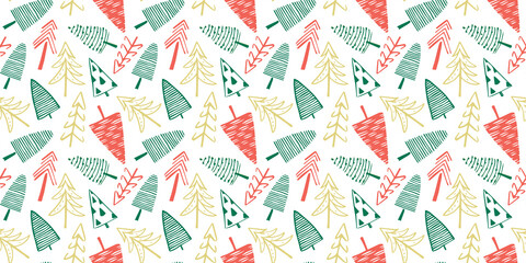  Hand drawn christmas tree seamless pattern illustration. Vintage style pine drawing background for festive xmas celebration event. Holiday nature texture print, december decoration wallpaper.	
