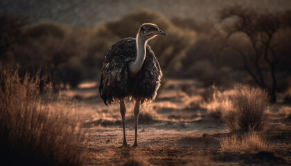 Canvas Print - Ostrich standing in grassland, looking at the sunset generated by AI