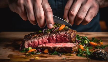 Wall Mural - Grilled sirloin steak, cooked rare, with fresh vegetable preparation generated by AI