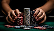 Stacked gambling chips on table, human hand holding luck and risk generated by AI