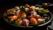 Fresh seafood meal sashimi, nigiri, maki sushi, prawn, tuna, avocado generated by AI