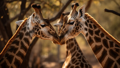 Wall Mural - in the wild Giraffe family kissing, spotted in Africa savannah wilderness beauty generated by AI