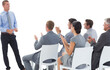 Digital png photo of group of businesspeople clapping at presentation on transparent background