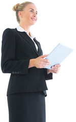 Poster - Digital png photo of happy caucasian businesswoman with tablet, copy space on transparent background