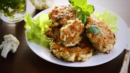 Wall Mural - cooked vegetarian fried cauliflower cutlets, in a plate .