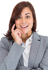 Poster - Digital png photo of smiling biracial businesswoman with hand on face on transparent background