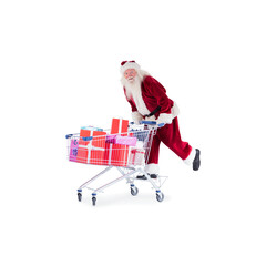 Wall Mural - Digital png photo of santa claus pushing shopping cart with presents on transparent background