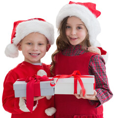 Sticker - Digital png photo of caucasian boy and girl holding presents on transparent background