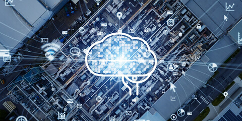 Wall Mural - Modern industrial area aerial view and AI (Artificial Intelligence) concept. Communication network. INDUSTRY 4.0. Factory automation.