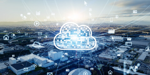 Poster - Modern industrial area aerial view and cloud computing concept. Communication network. INDUSTRY 4.0. Factory automation.