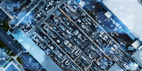 Poster - Modern industrial area aerial view and digital technology concept. Communication network. INDUSTRY 4.0. Factory automation.