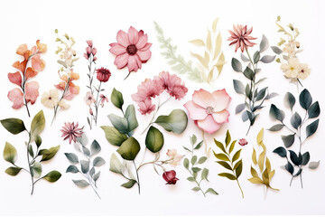 Wall Mural - Beautiful flowers and leaves on a white background, Generative AI