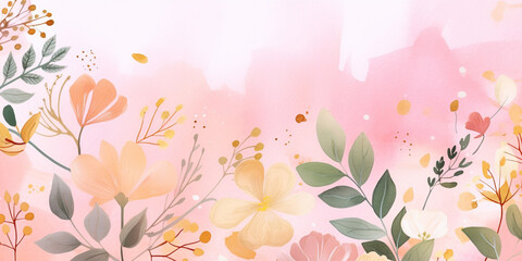 Wall Mural - Watercolor painting of a pink background with green leaves and flowers, Generative AI