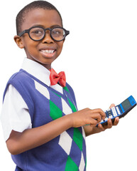 Sticker - Digital png photo of happy african american boy using calculator on transparent background